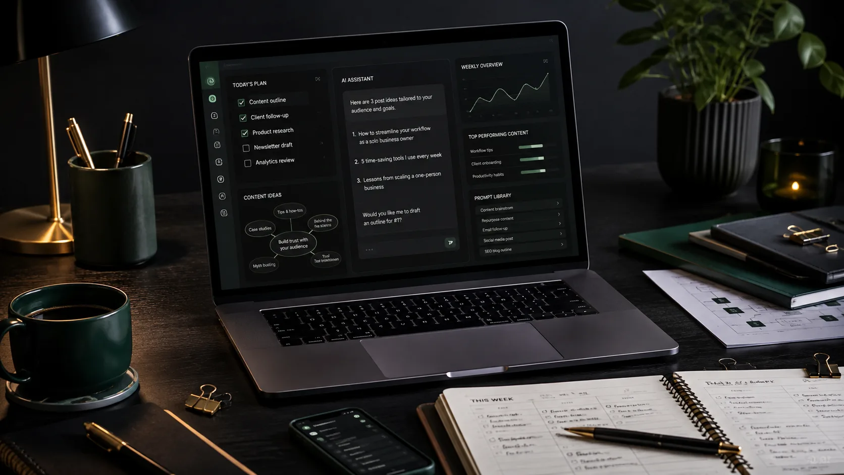 Dark luxury workspace with a laptop displaying an AI-powered business dashboard, surrounded by a planner, phone, coffee, notebooks, and productivity tools.