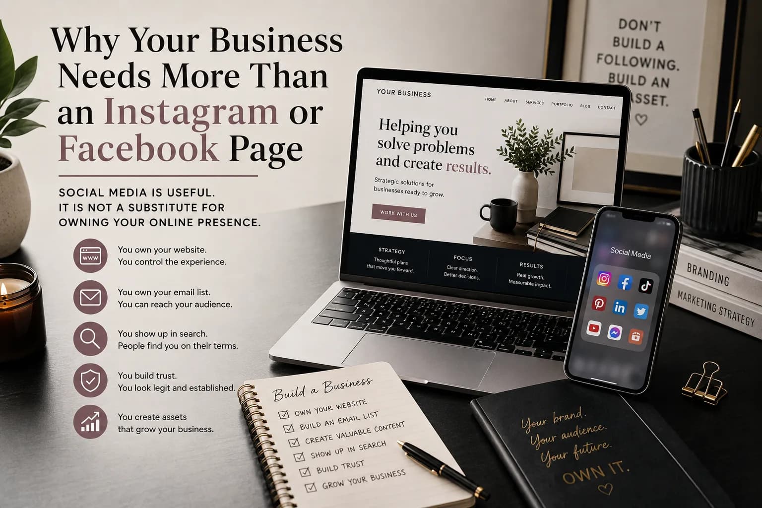 Editorial purple business workspace illustrating why your business needs more than an instagram page