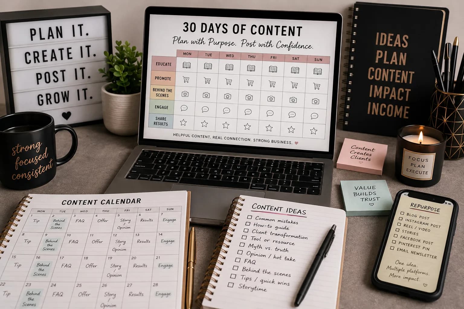 Organized business content planning workspace with a laptop, monthly content calendar, social media notes, planner, phone, and creative tools arranged for a 30-day marketing plan.