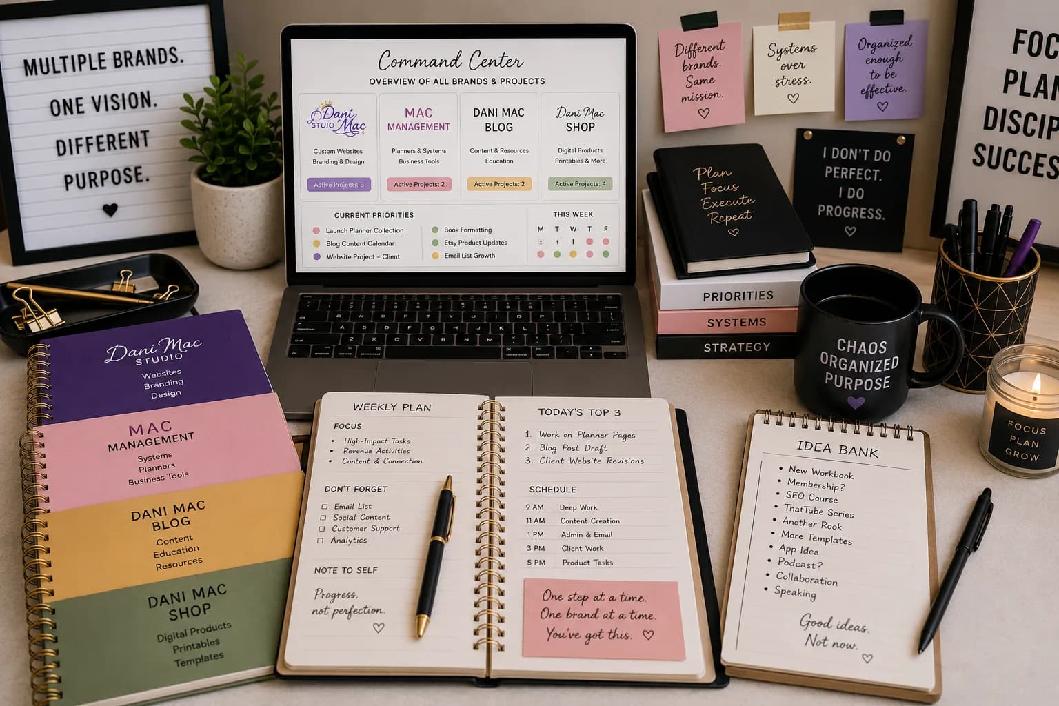 Editorial purple business workspace illustrating how i organize multiple brands without pretending it is always easy