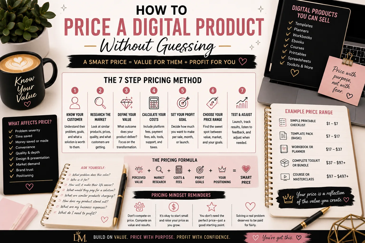 Editorial purple business workspace illustrating how to price a digital product without guessing